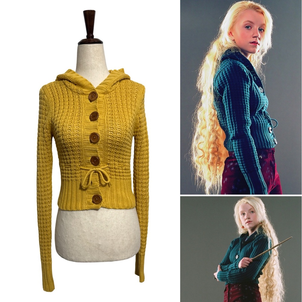 H&M • Cropped Knit Hooded Button Cardigan Yellow 34 XS ASO Luna Lovegood